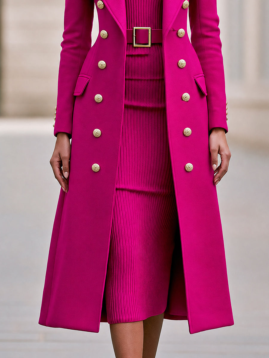 Double-Breasted Maxi Coat And Belted Knit Midi Dress Set