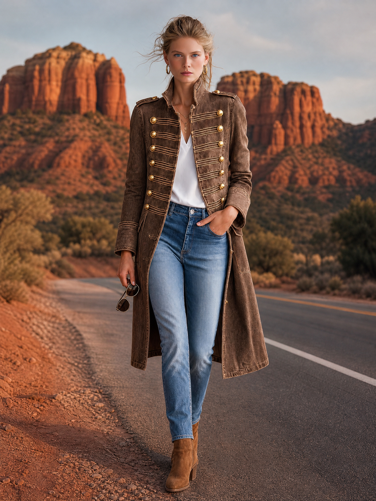 Vittoria Washed Denim Gold-Button Officer Coat