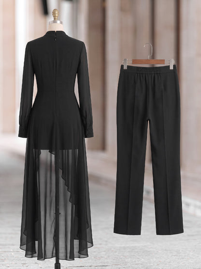 Chiffon Overlay Tunic And Tailored Wide-Leg Pants Set