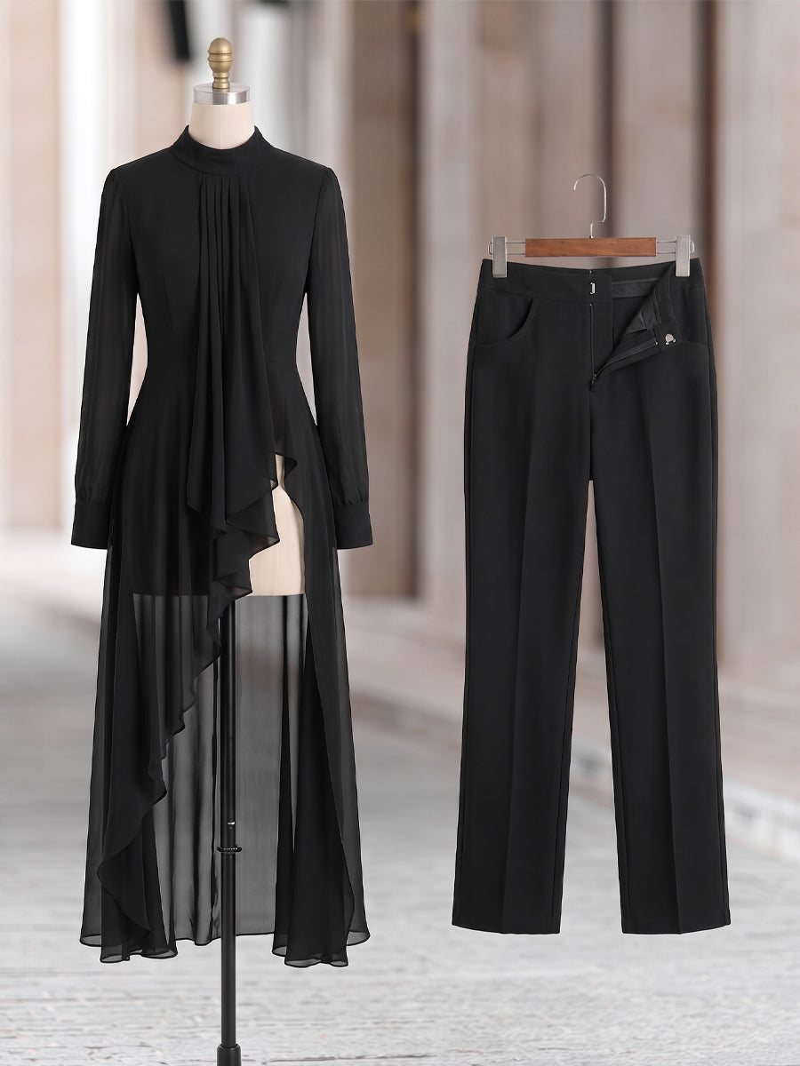 Chiffon Overlay Tunic And Tailored Wide-Leg Pants Set