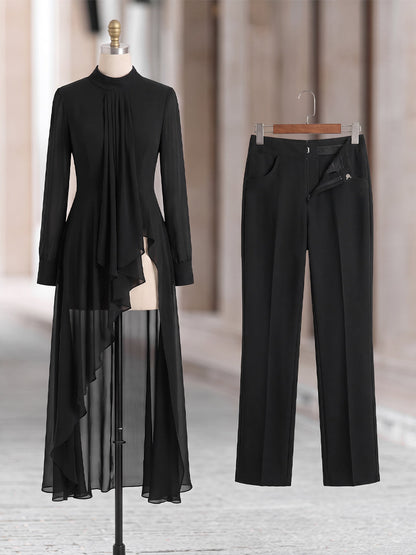 Chiffon Overlay Tunic And Tailored Wide-Leg Pants Set
