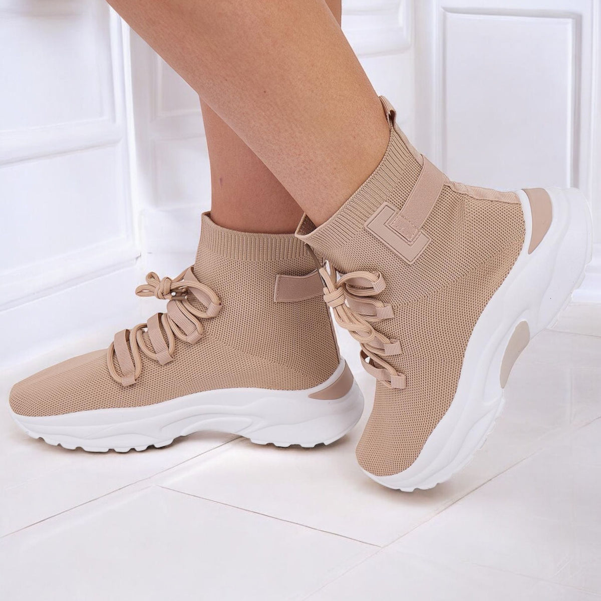 Imogen Knit Sock Trainers in Beige