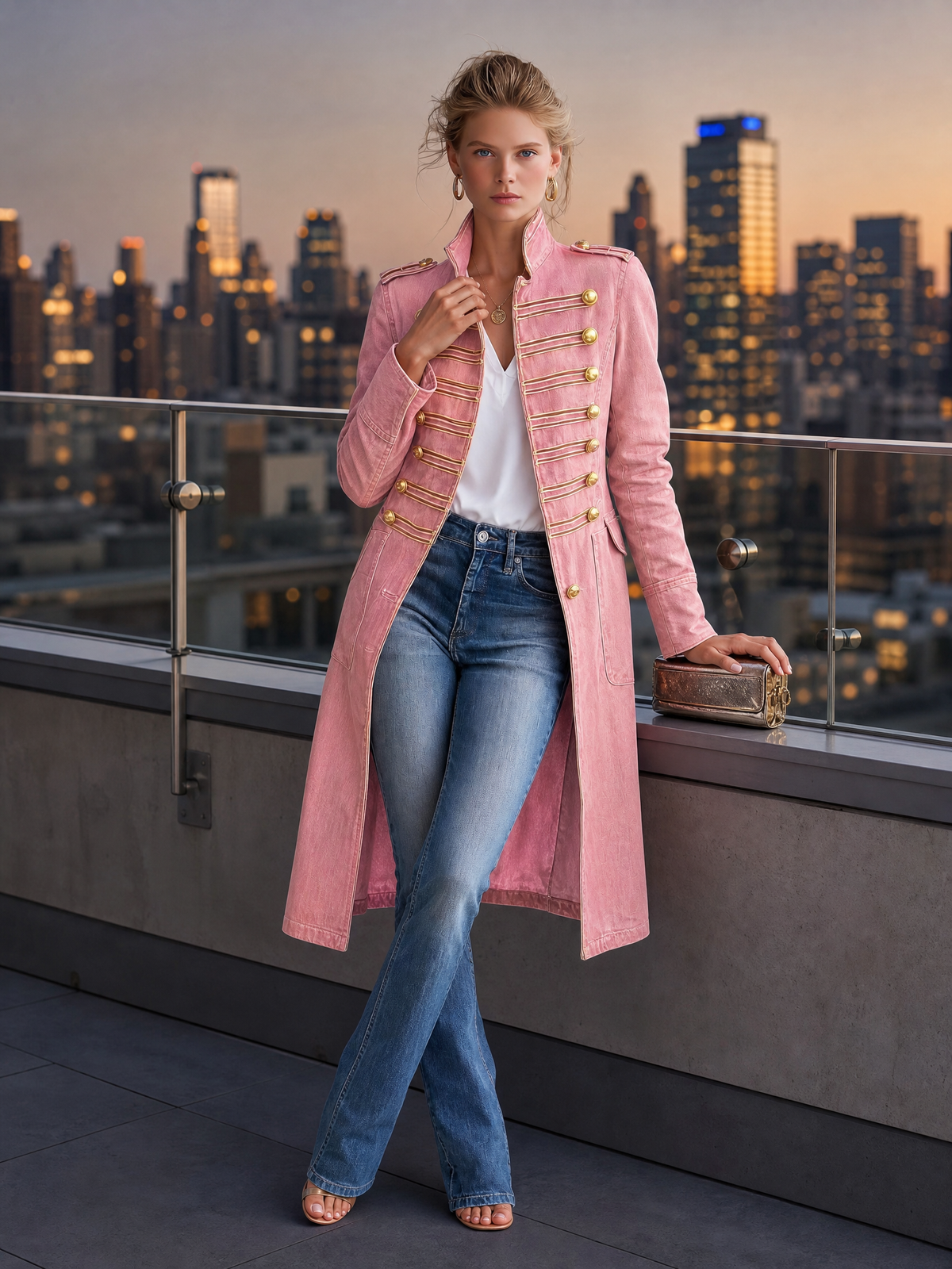 Vittoria Washed Denim Gold-Button Officer Coat