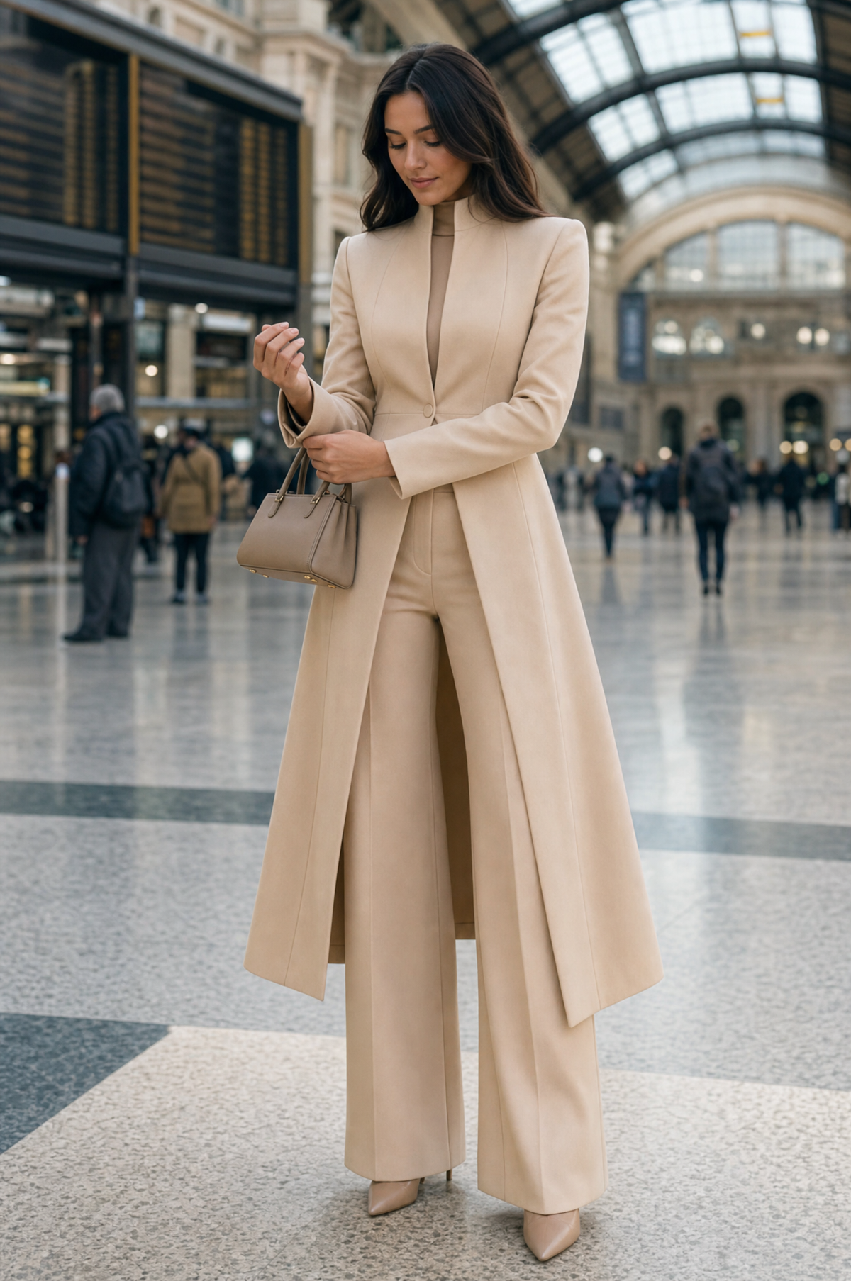 Tand Collar Long Tailored Coat & High Waist Flare Pants Two-Piece Suit