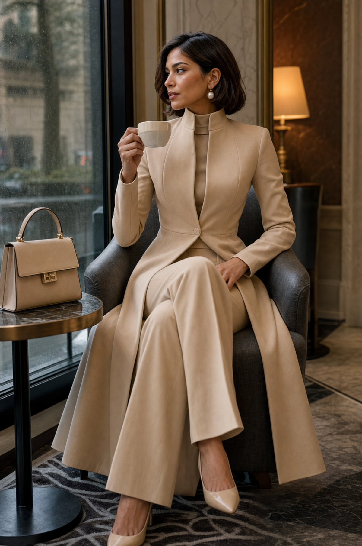 Tand Collar Long Tailored Coat & High Waist Flare Pants Two-Piece Suit