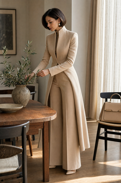 Tand Collar Long Tailored Coat & High Waist Flare Pants Two-Piece Suit