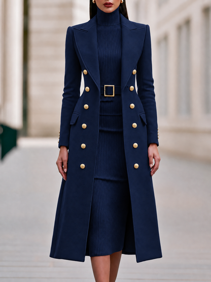 Double-Breasted Maxi Coat And Belted Knit Midi Dress Set