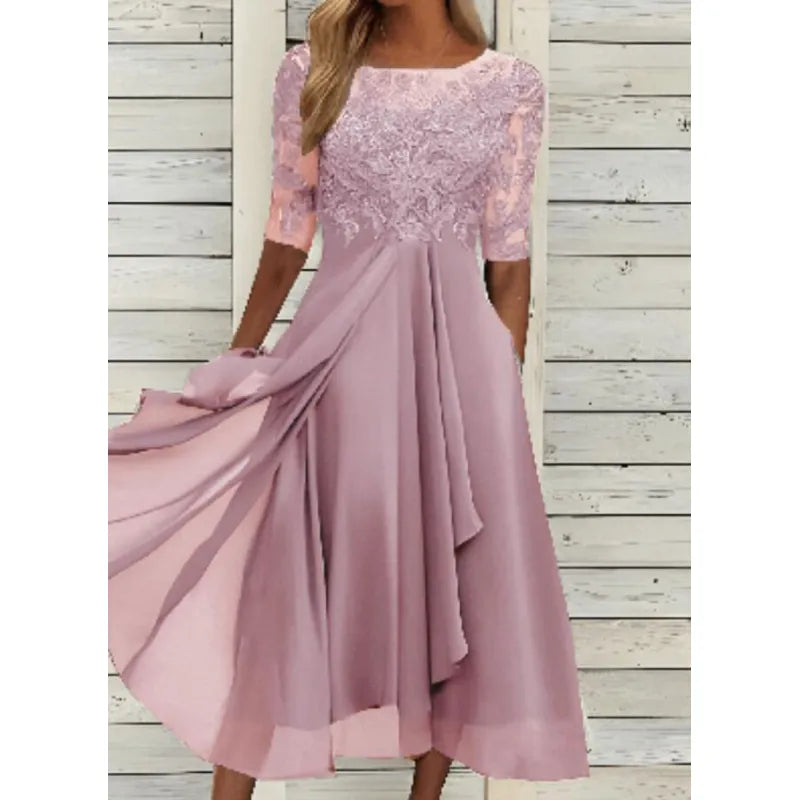 Lace-Bodice Draped Midi Dress