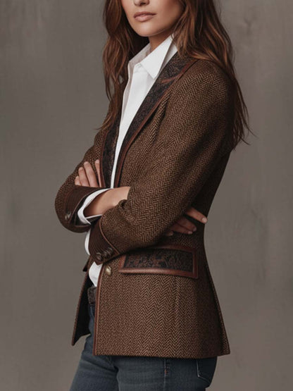 Beatrice Herringbone Contrast-Trim Blazer