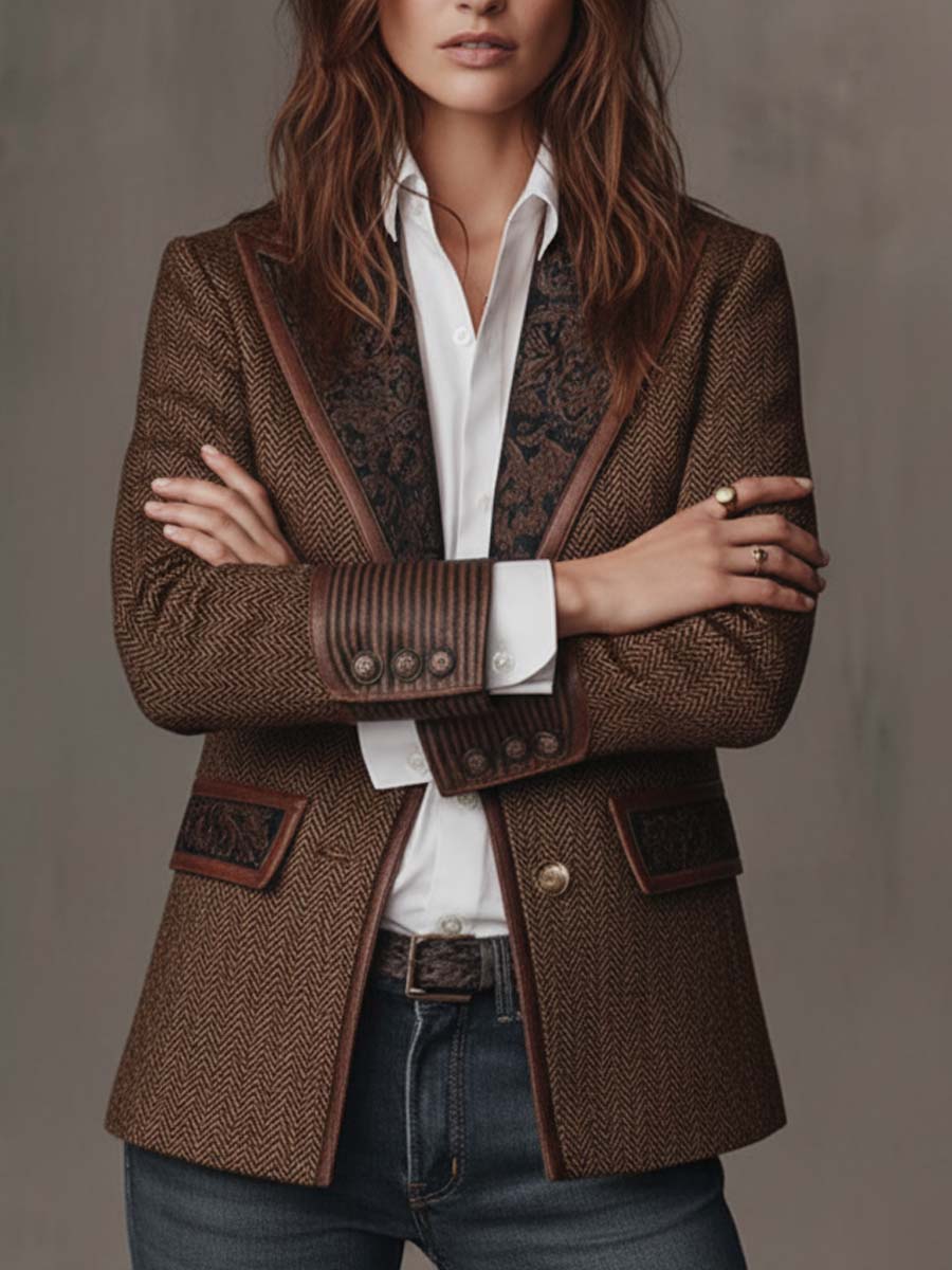 Beatrice Herringbone Contrast-Trim Blazer