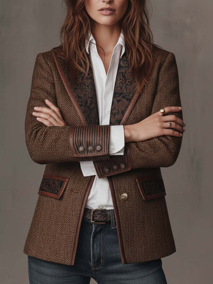 Beatrice Herringbone Contrast-Trim Blazer