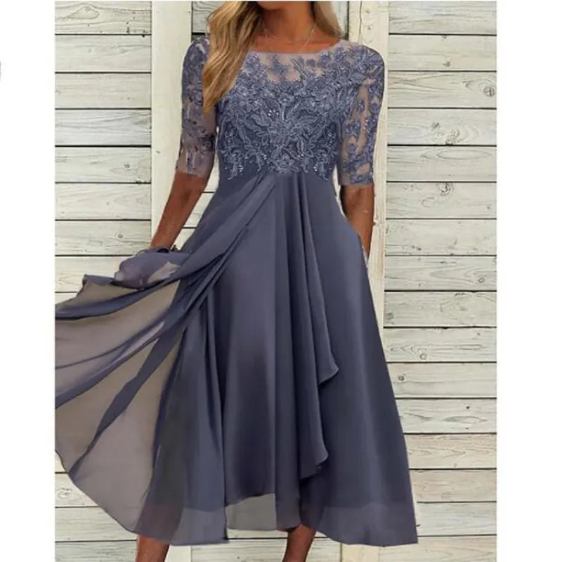 Lace-Bodice Draped Midi Dress
