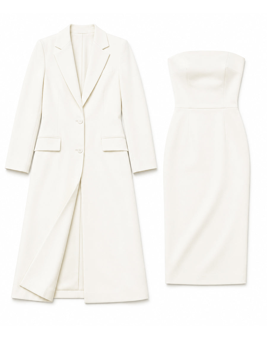 Notched Lapel Long Blazer & Strapless Tube Bodycon Midi Dress Two-Piece Set