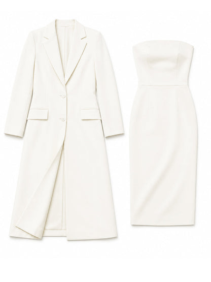 Notched Lapel Long Blazer & Strapless Tube Bodycon Midi Dress Two-Piece Set