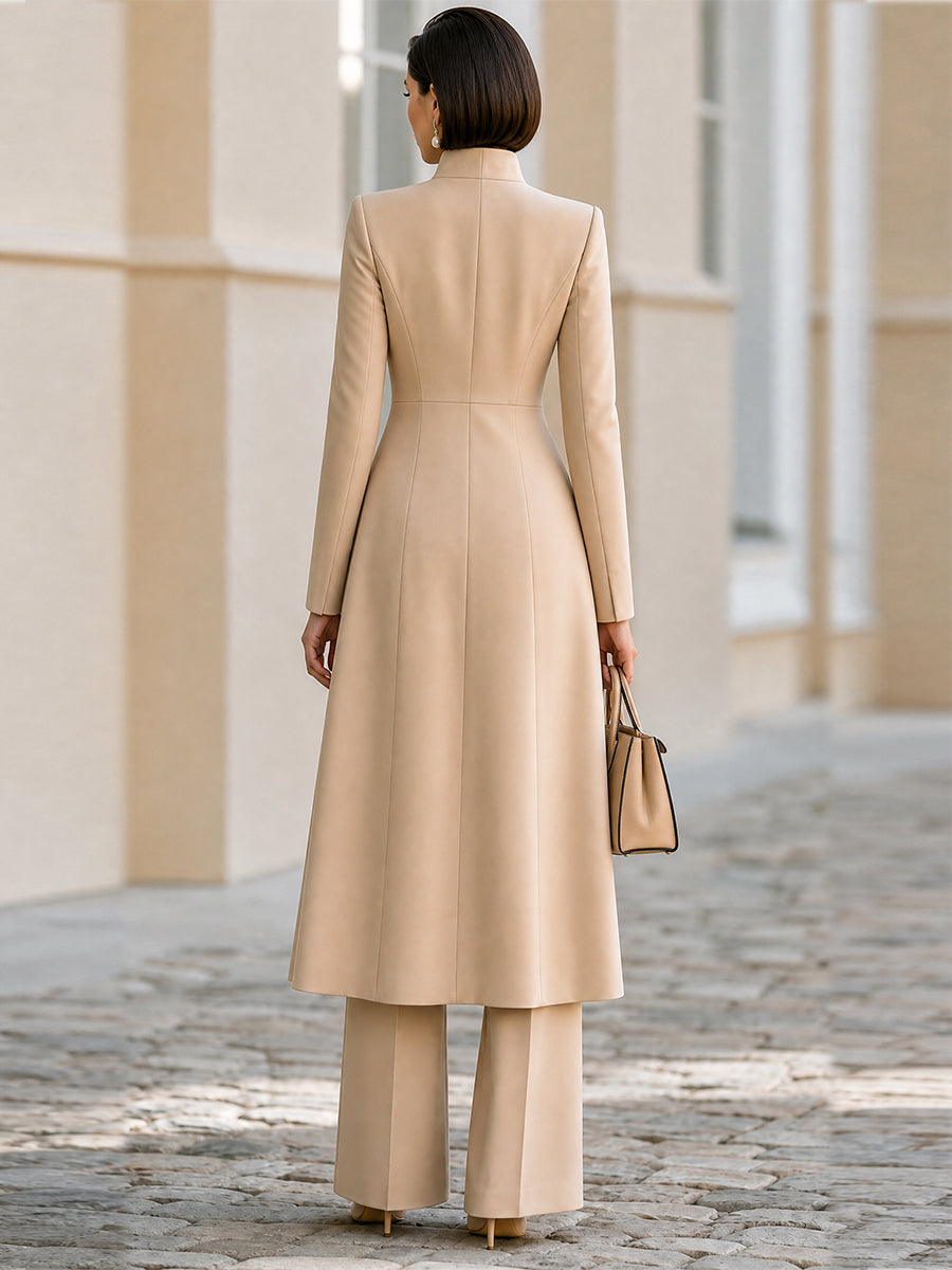 Tand Collar Long Tailored Coat & High Waist Flare Pants Two-Piece Suit