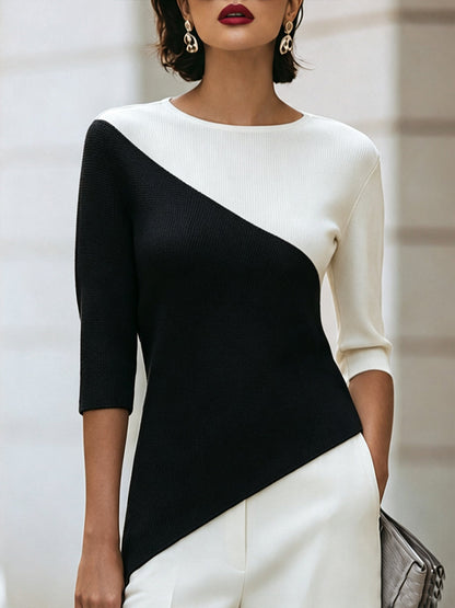 Asymmetric Color-Block 3/4 Sleeve Knit Top