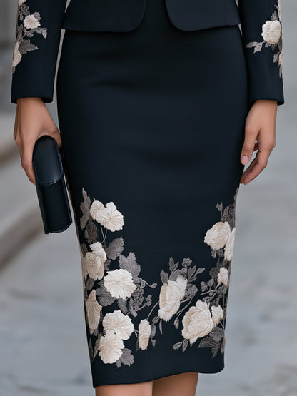 Embroidered Blazer And Pencil Skirt Two-Piece Set