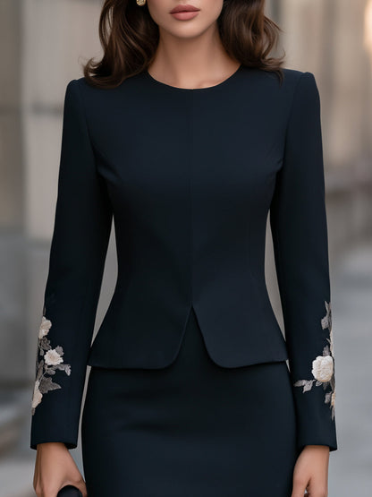 Embroidered Blazer And Pencil Skirt Two-Piece Set