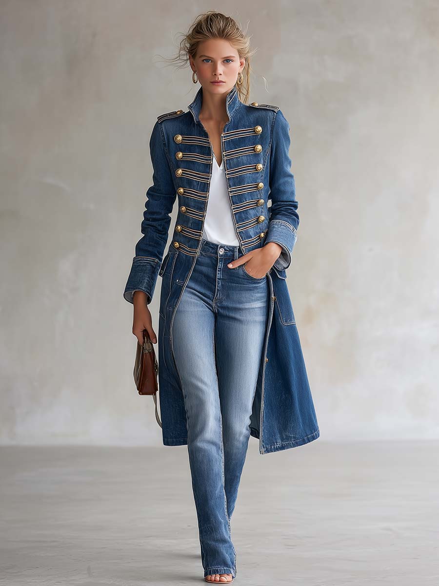 Vittoria Washed Denim Gold-Button Officer Coat