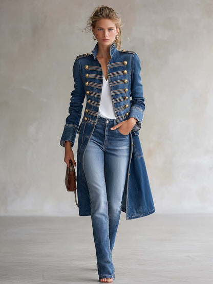 Vittoria Washed Denim Gold-Button Officer Coat
