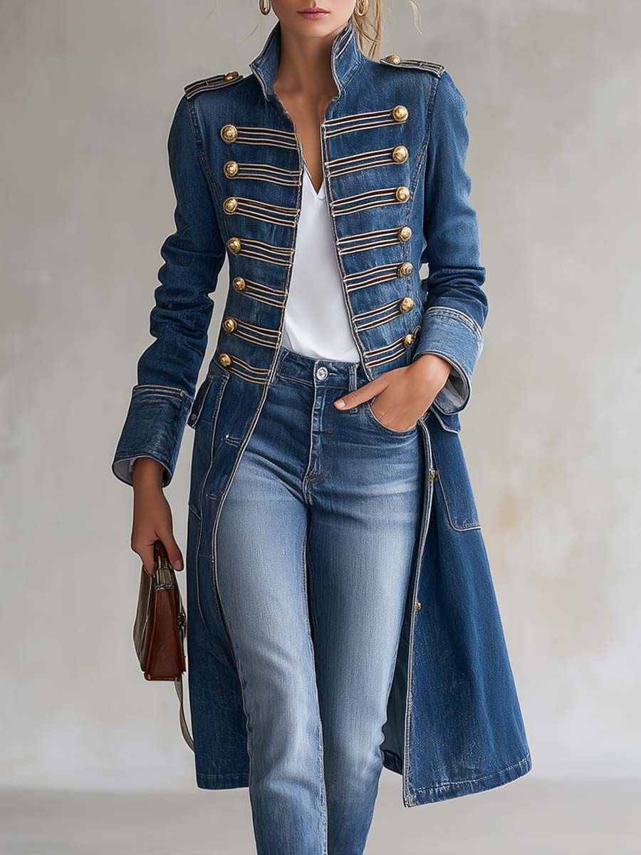 Vittoria Washed Denim Gold-Button Officer Coat