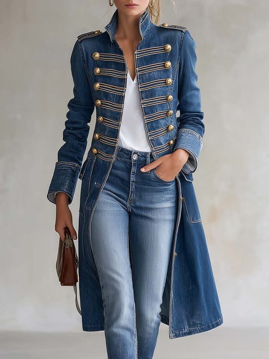 Vittoria Washed Denim Gold-Button Officer Coat