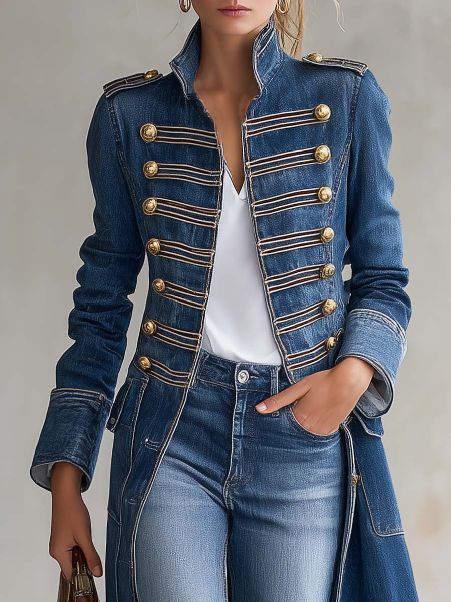 Vittoria Washed Denim Gold-Button Officer Coat