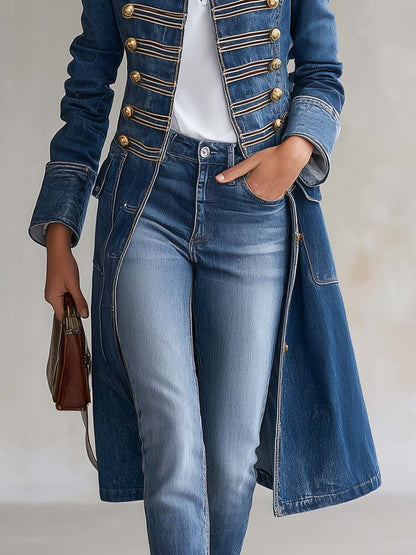 Vittoria Washed Denim Gold-Button Officer Coat