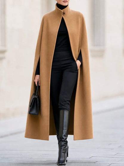 High‑Neck Single‑Button Wool‑Blend Long Cape Coat