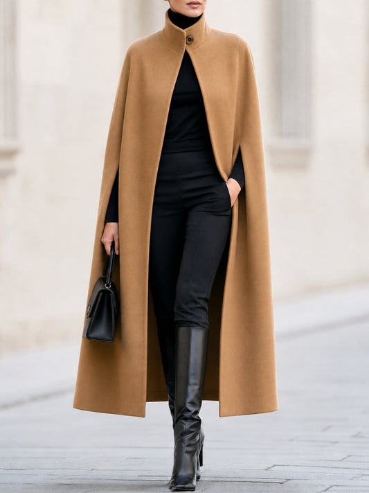 High‑Neck Single‑Button Wool‑Blend Long Cape Coat