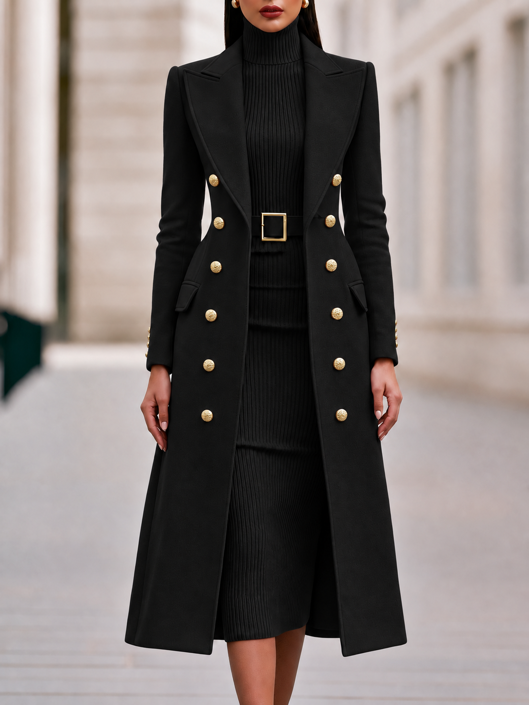 Double-Breasted Maxi Coat And Belted Knit Midi Dress Set