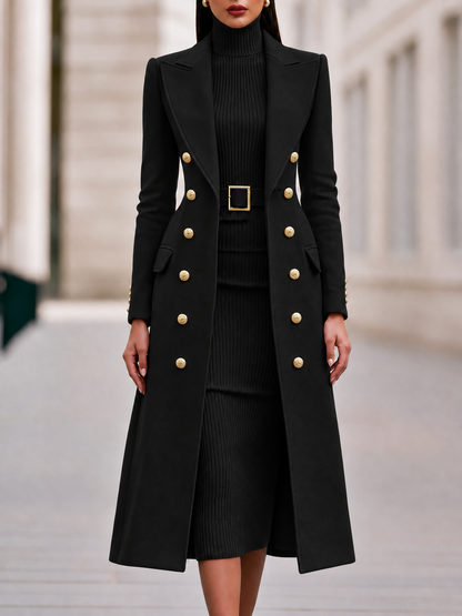 Double-Breasted Maxi Coat And Belted Knit Midi Dress Set