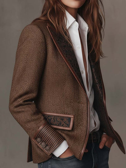 Beatrice Herringbone Contrast-Trim Blazer