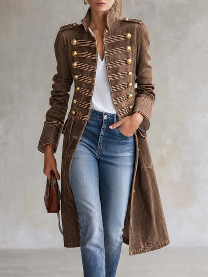 Vittoria Washed Denim Gold-Button Officer Coat
