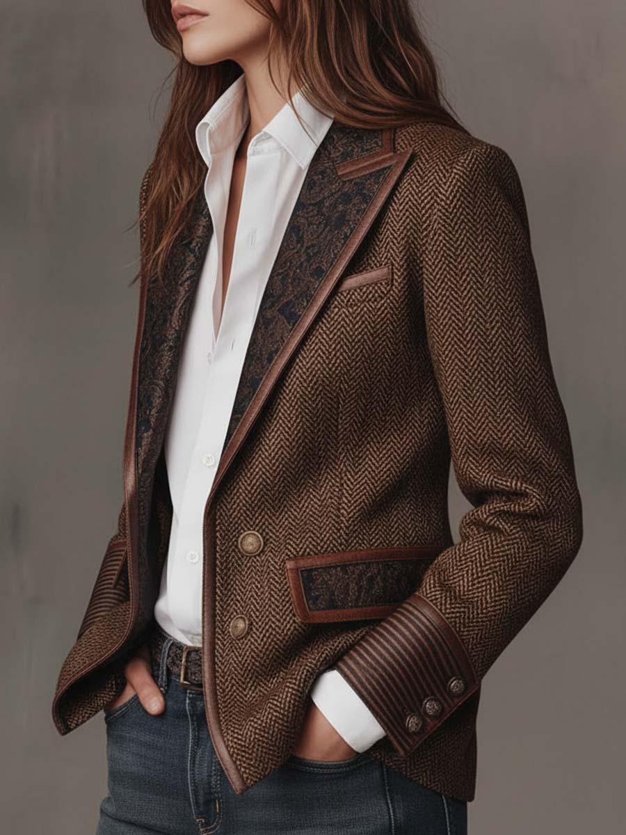 Beatrice Herringbone Contrast-Trim Blazer