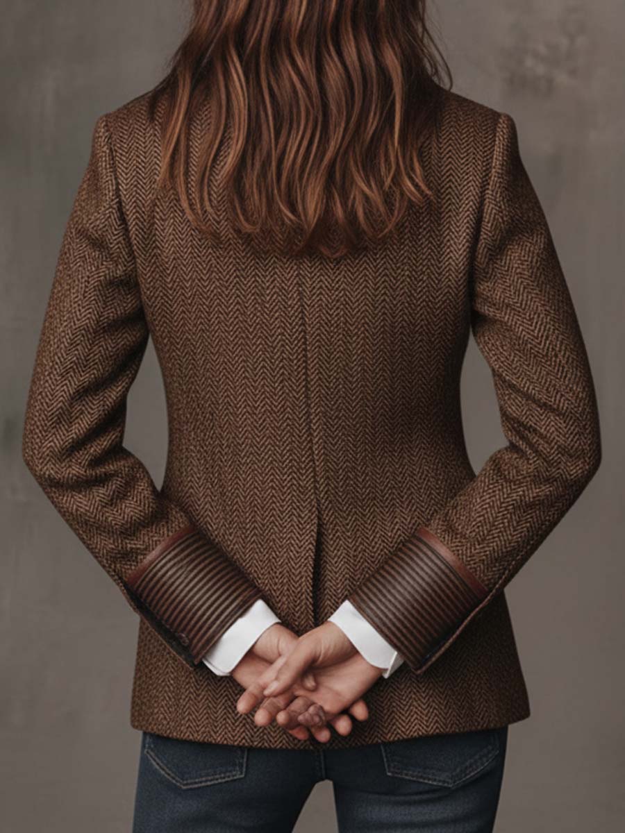 Beatrice Herringbone Contrast-Trim Blazer