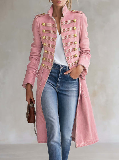 Vittoria Washed Denim Gold-Button Officer Coat