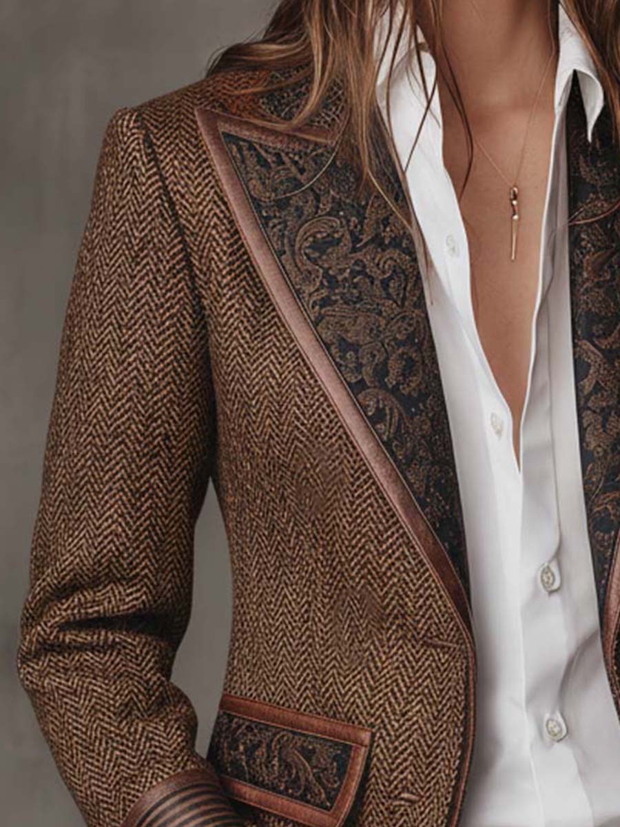 Beatrice Herringbone Contrast-Trim Blazer