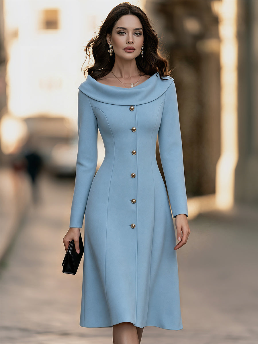 Elegant Decorative Buttons Off-the-Shoulder Portrait Collar Midi Dress