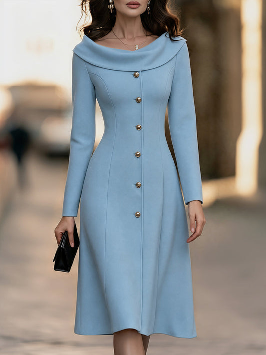 Elegant Decorative Buttons Off-the-Shoulder Portrait Collar Midi Dress