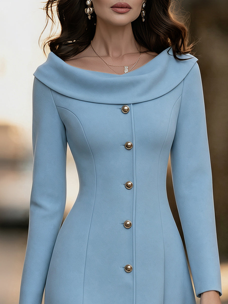 Elegant Decorative Buttons Off-the-Shoulder Portrait Collar Midi Dress