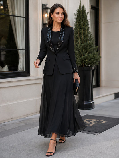 Sheer Sleeve Flowing A-Line Maxi Dress