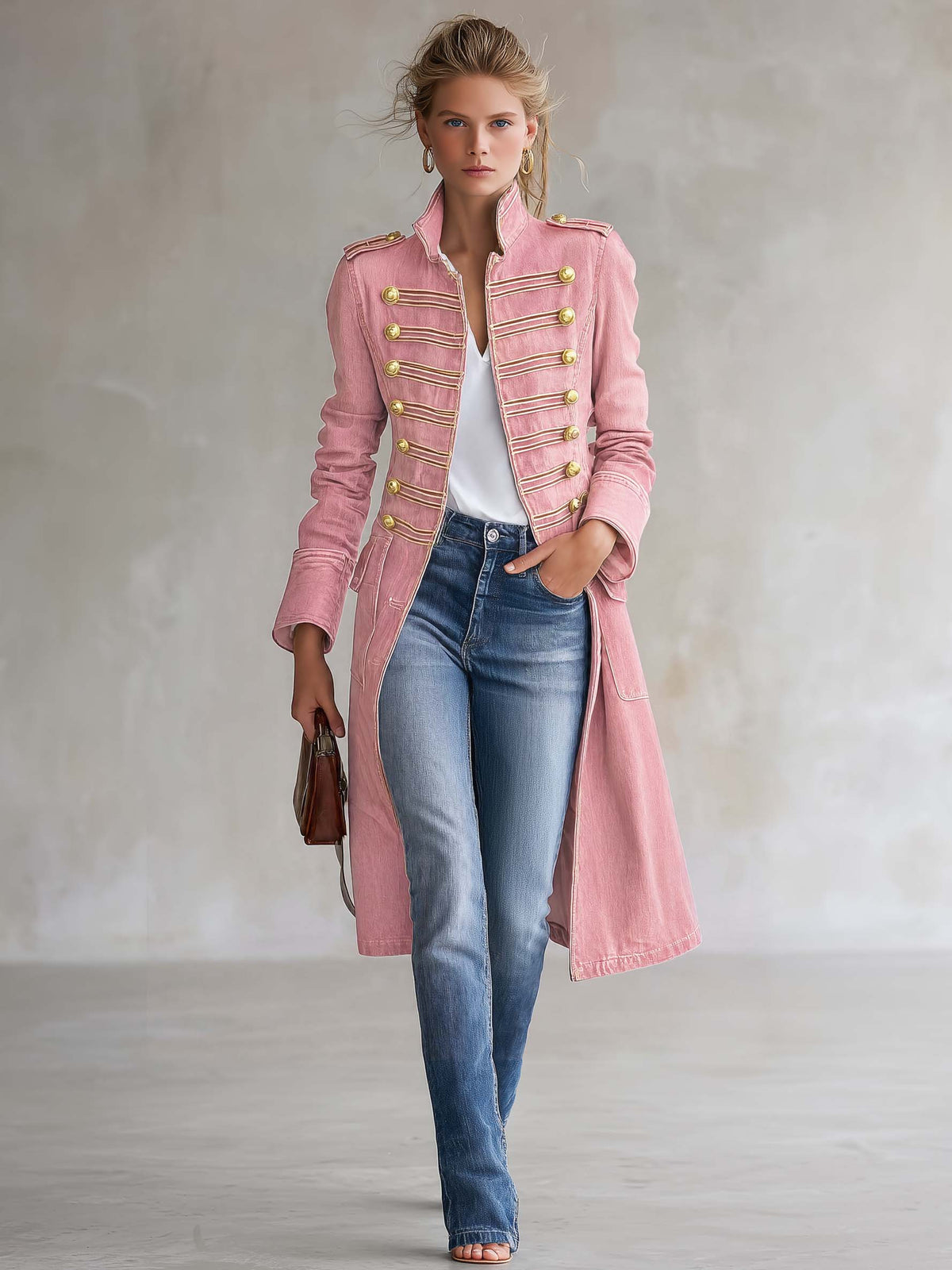 Vittoria Washed Denim Gold-Button Officer Coat