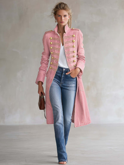Vittoria Washed Denim Gold-Button Officer Coat