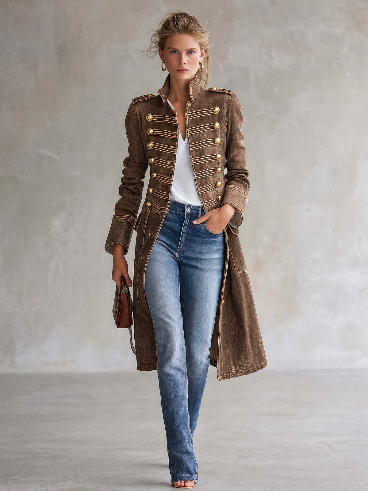 Vittoria Washed Denim Gold-Button Officer Coat