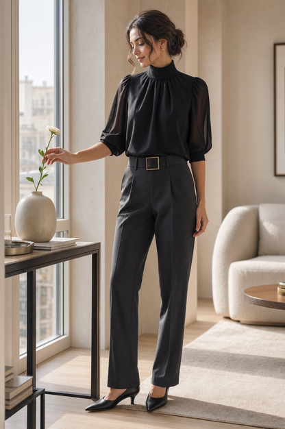 Mock Neck Chiffon Puff Sleeve Blouse
