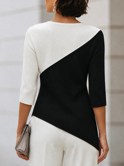 Asymmetric Color-Block 3/4 Sleeve Knit Top