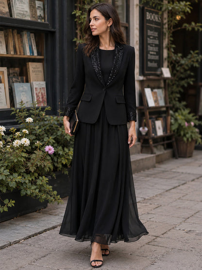 Sheer Sleeve Flowing A-Line Maxi Dress