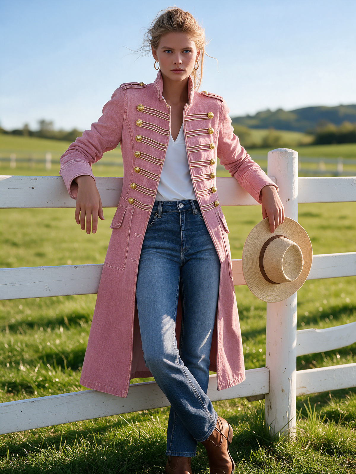 Vittoria Washed Denim Gold-Button Officer Coat