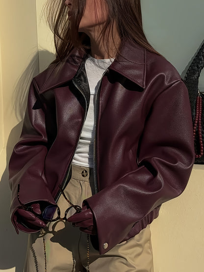 Scarlett Vintage Faux Leather Biker Jacket - Burgundy